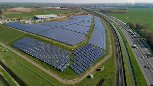 Solar panel farm with photovoltaic panels for clean solar energy