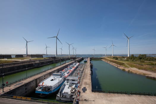 Krammersluizen lake krammer. Drone photograpy from the delta works in Zeeland in the Netherlands