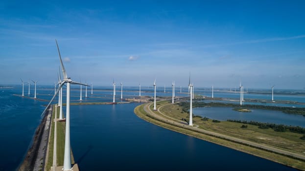 Wind turbine from aerial view, Drone view at windpark krammersluizen a windmill farm in the lake grevelingen in the Netherlands,Sustainable development, renewable energy