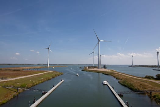 Krammersluizen lake krammer. Drone photograpy from the delta works in Zeeland in the Netherlands