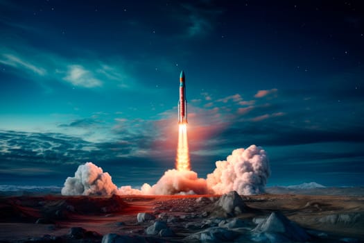 The launch of the space shuttle. Spaceship takes off into the night sky on a mission. AI generated