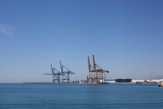 Rotterdam, Holland. Aerial view of container terminal in the harbor MAASVLAKTE, Netherlands. A large containership is unloading