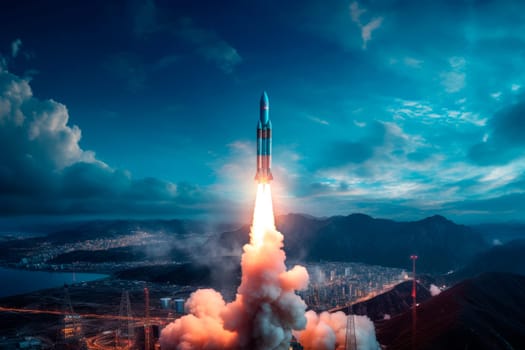 The launch of the space shuttle. Spaceship takes off into the night sky on a mission. AI generated