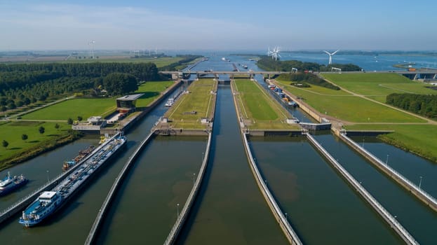 Volkeraksluizen Hollands Diep. Drone photograpy from the delta works in the netherlands in the Netherlands