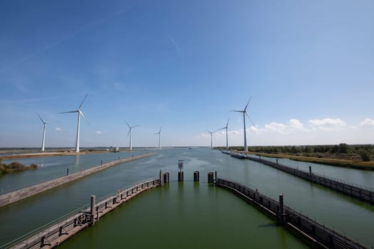 Krammersluizen lake krammer. Drone photograpy from the delta works in Zeeland in the Netherlands