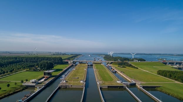 Volkeraksluizen Hollands Diep. Drone photograpy from the delta works in the netherlands in the Netherlands