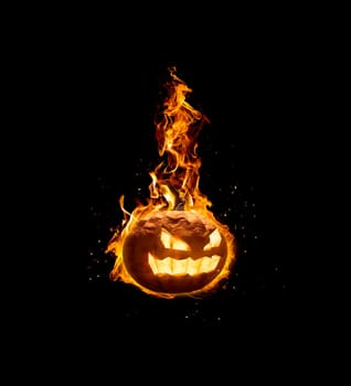 Halloween pumpkin, on fire on black background