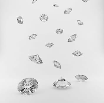 Lots of shiny diamonds falling on gray background