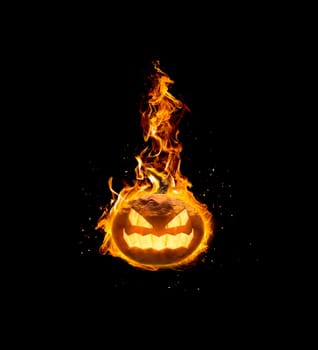 Halloween pumpkin, on fire on black background
