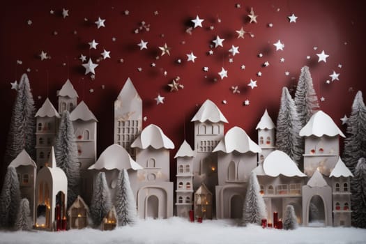 Festive christmas village with charming paper houses and whimsical trees