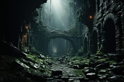 destroyed abandoned building covered with moss and overgrown with plants. Gloomy foggy lighting. post-apocalyptic horror story.