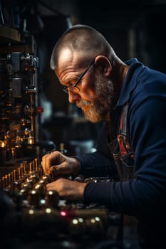 a master in overalls repairs a device made of copper and brass.