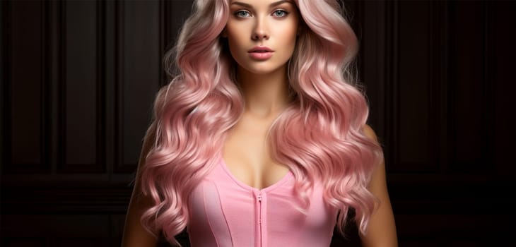 Beautiful smiling woman with long wavy pink hair on a black background. content for social networks of beauty salons and bloggers