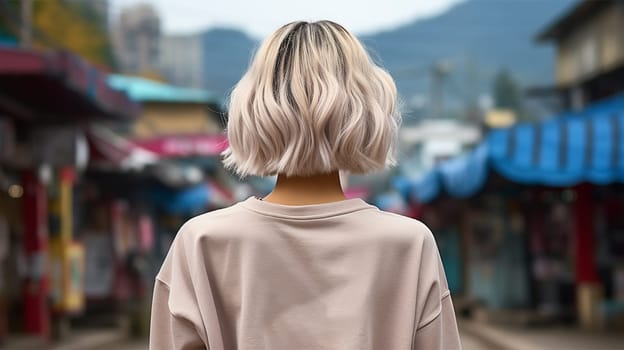 Close-up rear view of a blonde woman with a shiny wavy short hairstyle against an east street background.