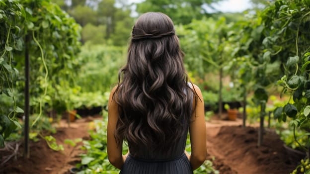 Close-up rear view of a brunette woman with a shiny wavy long hairstyle in front of a park.