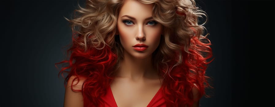 Beautiful smiling woman with long wavy hair and creative hair coloring on a black background. content for social networks of beauty salons and bloggers