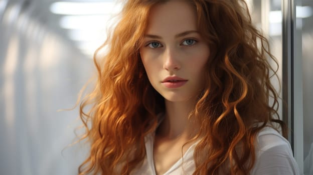 Close-up portrait of a red-haired woman on a light shaggy background looking at the camera.content or banner for a beauty salon