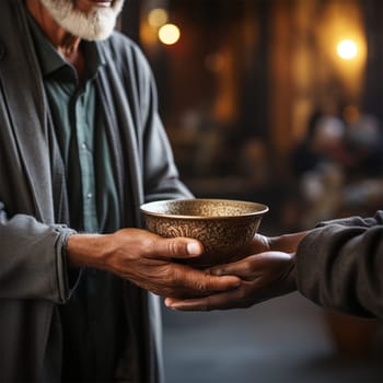 hands of a volunteer giving a bowl of food to someone in need at a help and support center.concept of care and assistance to the homeless, the poor and those affected by natural disasters and wars.