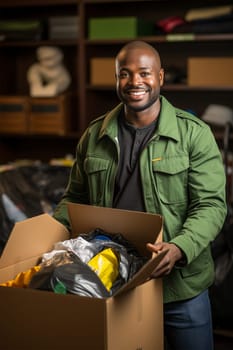 smiling male volunteer holding a cardboard box with clothes, ready to give them to those in need. Caring and helping the disadvantaged and disadvantaged