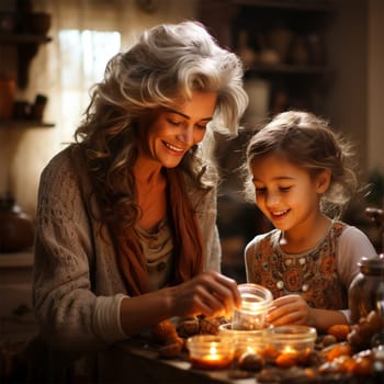 grandmother and granddaughter prepare candles to celebrate Halloween. happy family