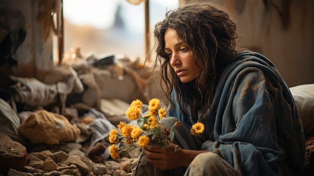 a shocked woman sits on the ruins of a house in a city destroyed by an earthquake or war.