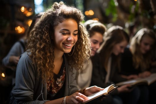 close-up of a cheerful girl with a book in the company of classmates. reading a book together.
