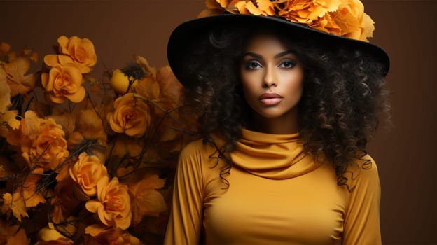 Attractive African American woman in stylish orange dress and hat looking at camera, studio portrait with yellow autumn flowers