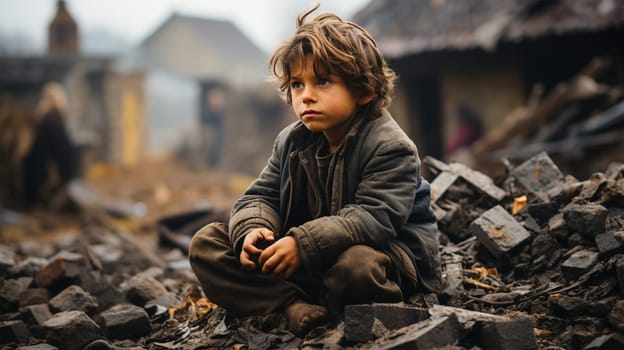 a shocked child sits on the ruins of a house in a city destroyed by an earthquake or war.