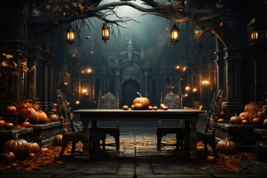Scary laughing pumpkin in an ancient gothic interior of a dark castle. Halloween, witchcraft and magic.Halloween castle design elements