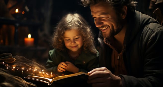 Happy Christmas family, father reading a book to his daughter in the evening on Christmas Eve.Christmas warm background