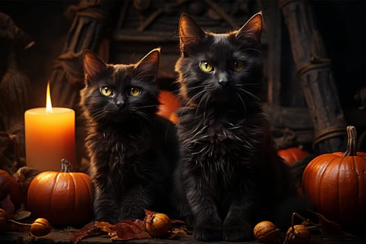 A black cat sits on a table next to orange pumpkins and candles in a witch's house. mystical picture on the theme of Halloween
