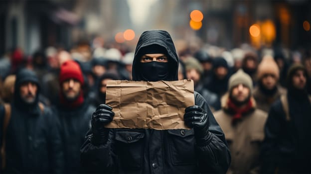 a group of masked people came out with posters to demonstrate the population's protest. A meeting about human rights. copy space.