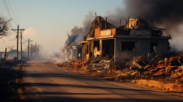 destroyed houses in the city with smoke enveloping them. the consequences of natural disasters, earthquakes or war