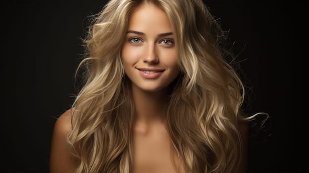 Beautiful smiling woman with long blonde wavy hair on a black background. Girl with beautiful hairstyle. content for a beauty salon and spa center.