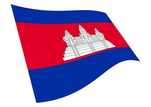 A Cambodia waving flag 3d illustration isolated on white with clipping path blue red white Angkor Wat