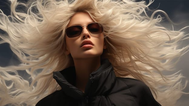 sensual portrait of a blonde in sunglasses with flying hair. banner or poster for a beauty salon. banner or poster for a beauty salon