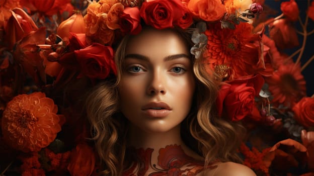 Portrait of a beautiful blonde among red flowers in a blooming garden.