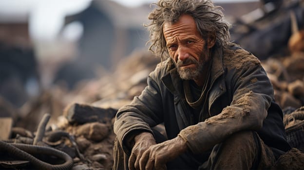 a shocked man sits on the ruins of a house in a city destroyed by an earthquake or war.