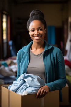 smiling female volunteer holding a cardboard box of clothes ready to give to those in need. Caring and helping the disadvantaged and disadvantaged.