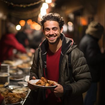 cheerful man with a plate of food on Christmas Eve at the Christmas market. on a blurred background of long tables with treats on the holiday.