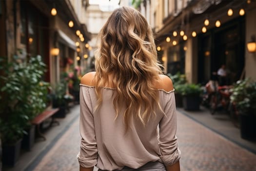 Close-up rear view of a blonde woman with a shiny wavy long hairstyle against a street background.