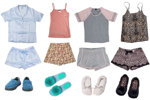 Collage set of little girl autumn or spring clothes isolated on white. Kids apparel collection. Childs fashion clothing outfit, skirts, shirts, shorts ,dresses and shoes.