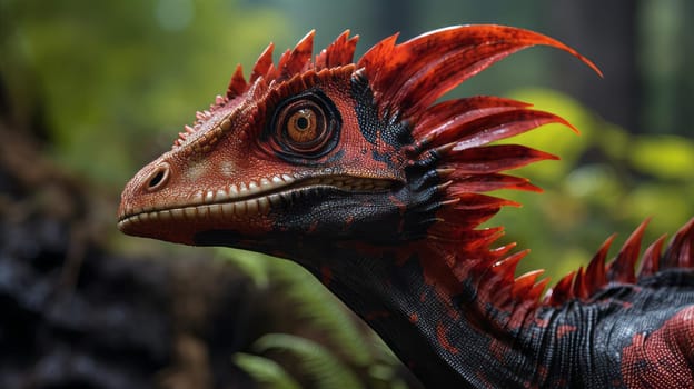 A close up of a Dilophosaurus with its distinctive crests