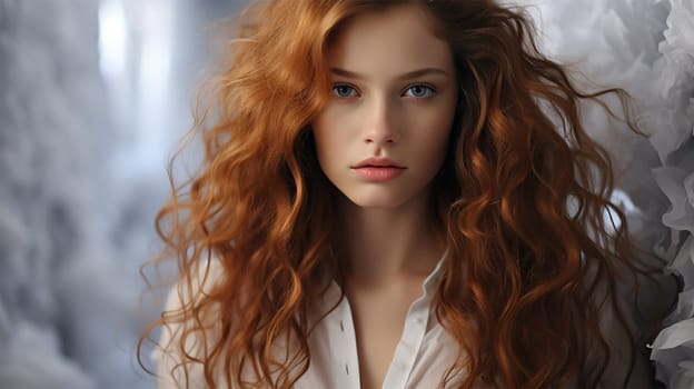 Close-up portrait of a red-haired woman on a light shaggy background looking at the camera.content or banner for a beauty salon