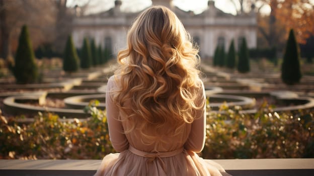 Close-up rear view of a blonde woman with a shiny wavy long hairstyle in front of a park.