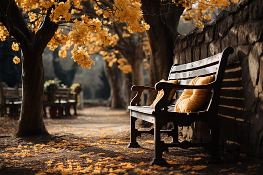 bench with soft cushions near an autumn park path with fallen yellow fresh leaves. Beautiful colors and great atmosphere.