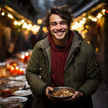 friendly volunteer with a plate of food for the poor. helping social workers distribute food to the homeless and poor. caring for the poor and those affected by natural disasters or war.