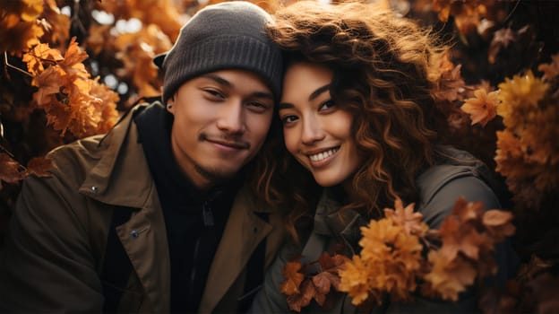 couple in love in a park outdoors among yellow leaves. Autumn day