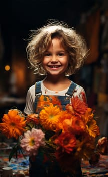 cheerful curly baby in overalls in an art workshop. young artist.