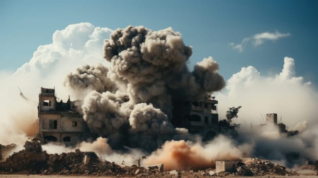 destroyed houses in the city with smoke enveloping them. the consequences of natural disasters, earthquakes or war